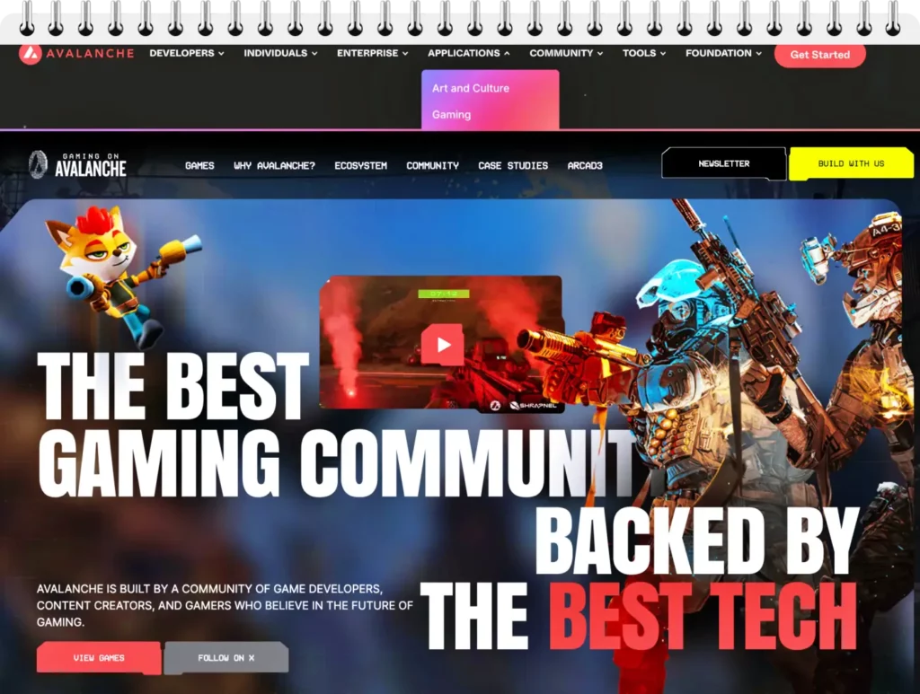 아발란체 공식 홈페이지, 따로 Gaming 섹터 전용 페이지 를 구축할 정도로 게임 에 진심이다.